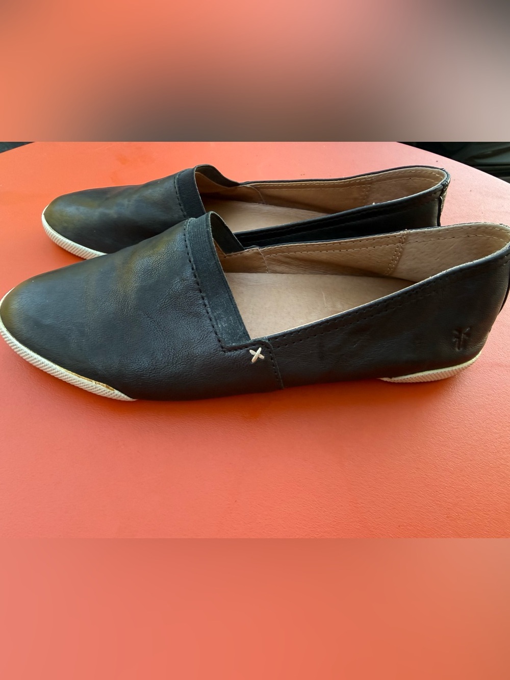 Frye Black Leather Slip-On Flats with White Trim - Picture 9 of 11